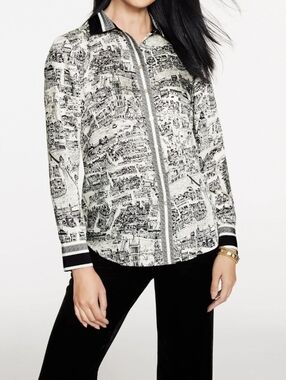 Talbots London Map Print Button Down Blouse Shirt